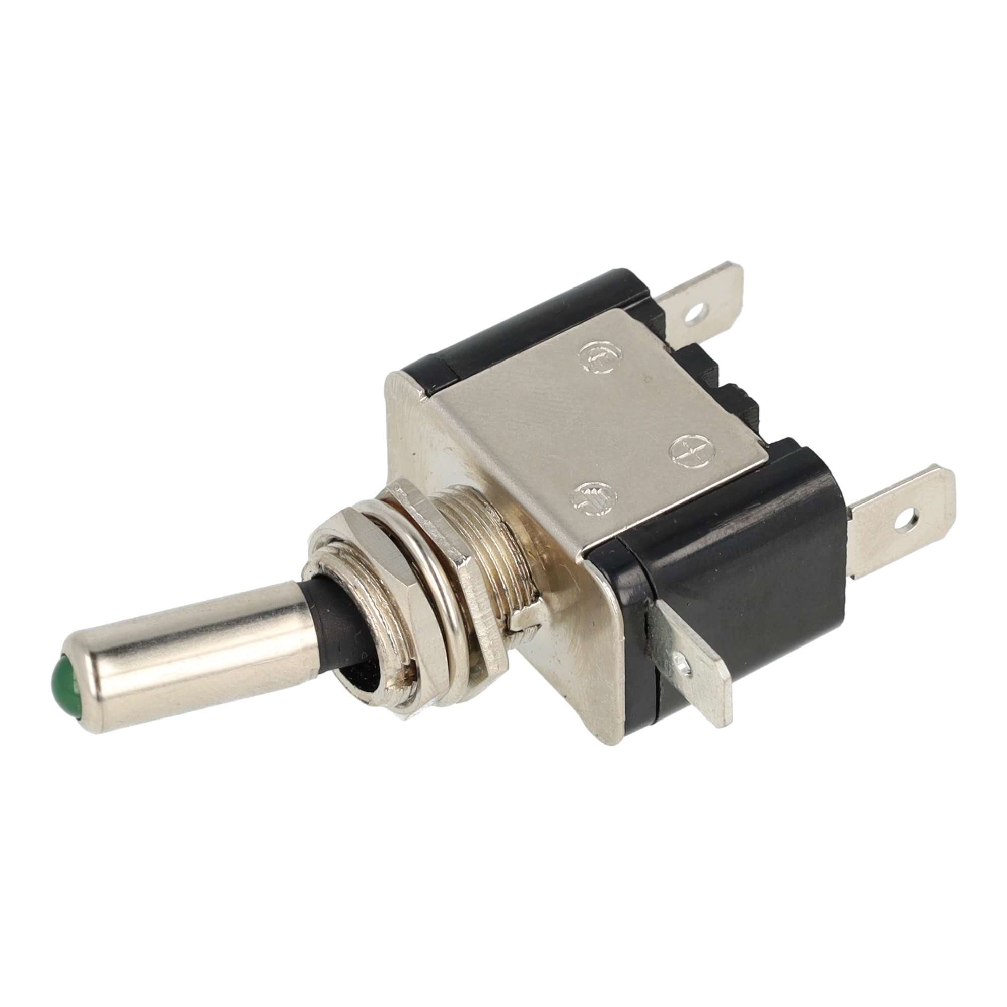TUIMELSCHAKELAAR HEAVY DUTY ON/OFF METAAL ZILVEREN CONTACTEN 12V 25A, LED GROEN 12V