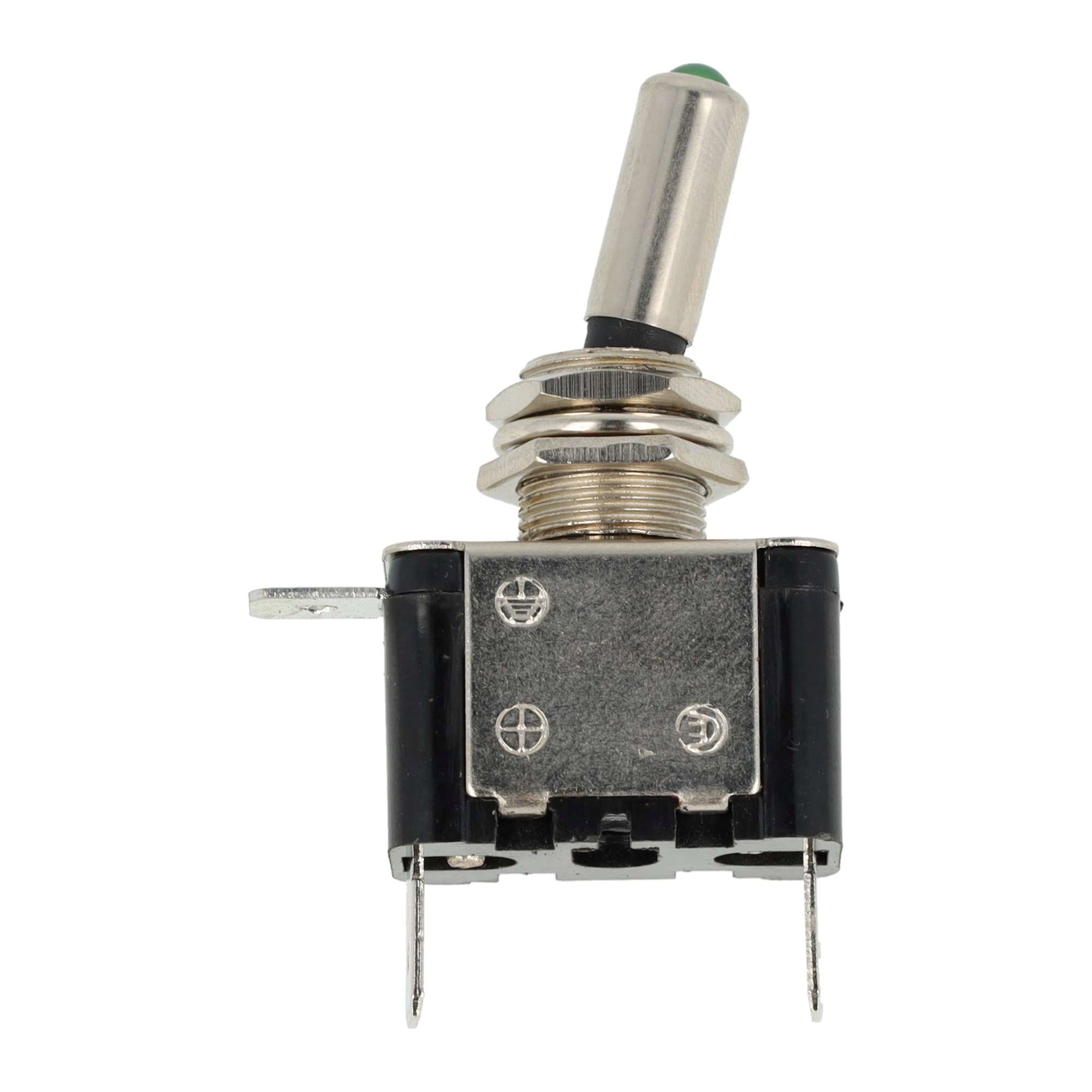 TUIMELSCHAKELAAR HEAVY DUTY ON/OFF METAAL ZILVEREN CONTACTEN 12V 25A, LED GROEN 12V 2