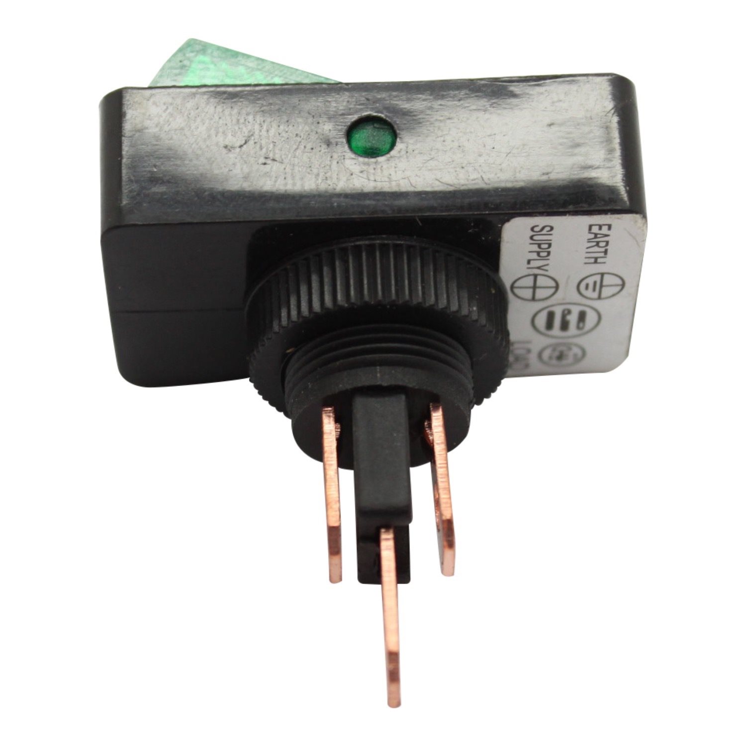 WIPSCHAKELAAR ON/OFF RECHTHOEKIG, ROND GAT GROEN 16A 12V, 12V LAMP 3