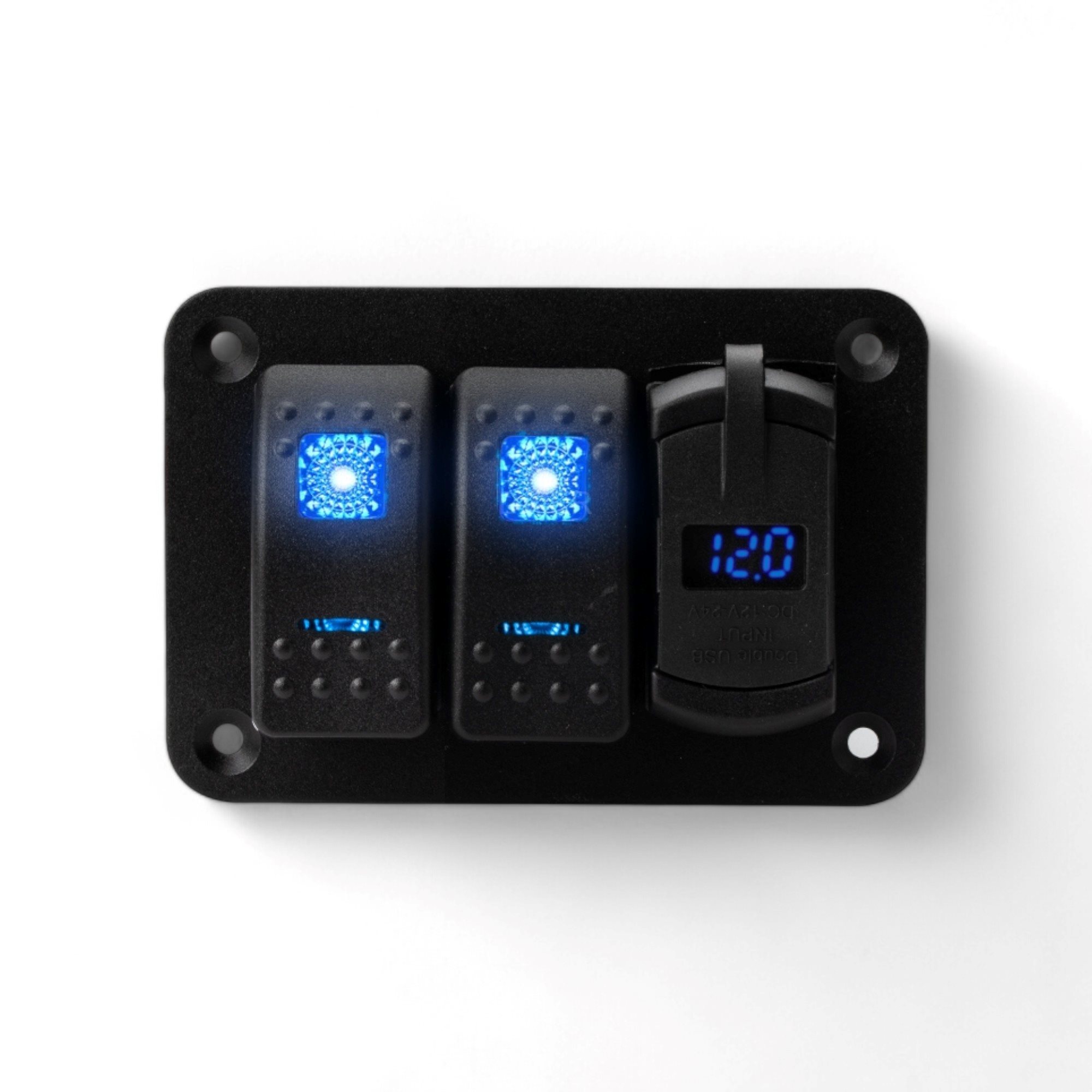 BEDIENINGSPANEEL 3-POSITIES | AAN-UIT, 2 TUIMELSCHAKELAARS + 4,2A USB-AANSLUITING + 1 STICKER, 12V BLAUWE LED