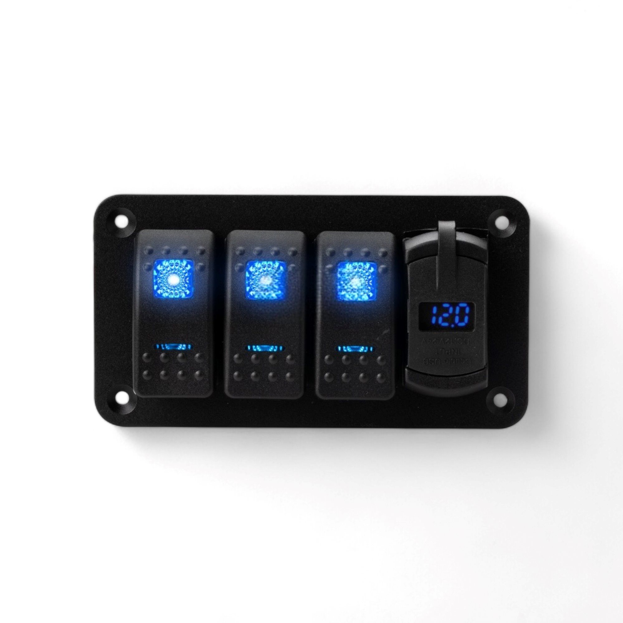 BEDIENINGSPANEEL 4-POSITIES | AAN-UIT, 3 WISSELSCHAKELAARS + 4,2A USB-AANSLUITING + 1 STICKER, 12V BLAUWE LED