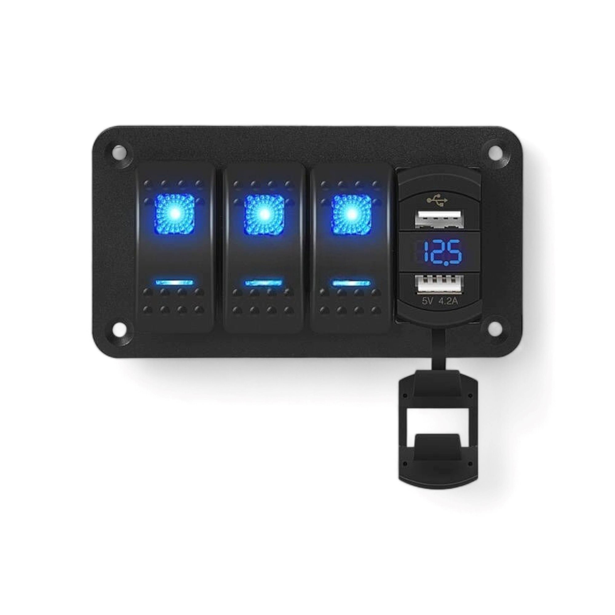 BEDIENINGSPANEEL 4-POSITIES | AAN-UIT, 3 WISSELSCHAKELAARS + 4,2A USB-AANSLUITING + 1 STICKER, 12V BLAUWE LED 2