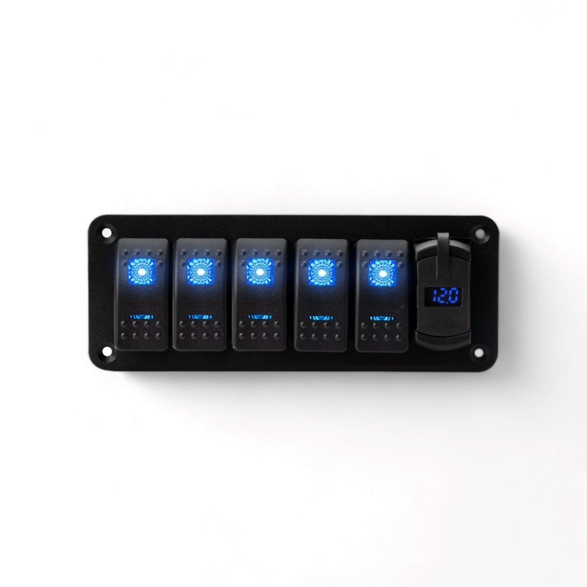BEDIENINGSPANEEL 6-POSITIES | AAN-UIT, 5 WISSELSCHAKELAARS + 4,2A USB-AANSLUITING + 1 STICKER, 12V BLAUWE LED