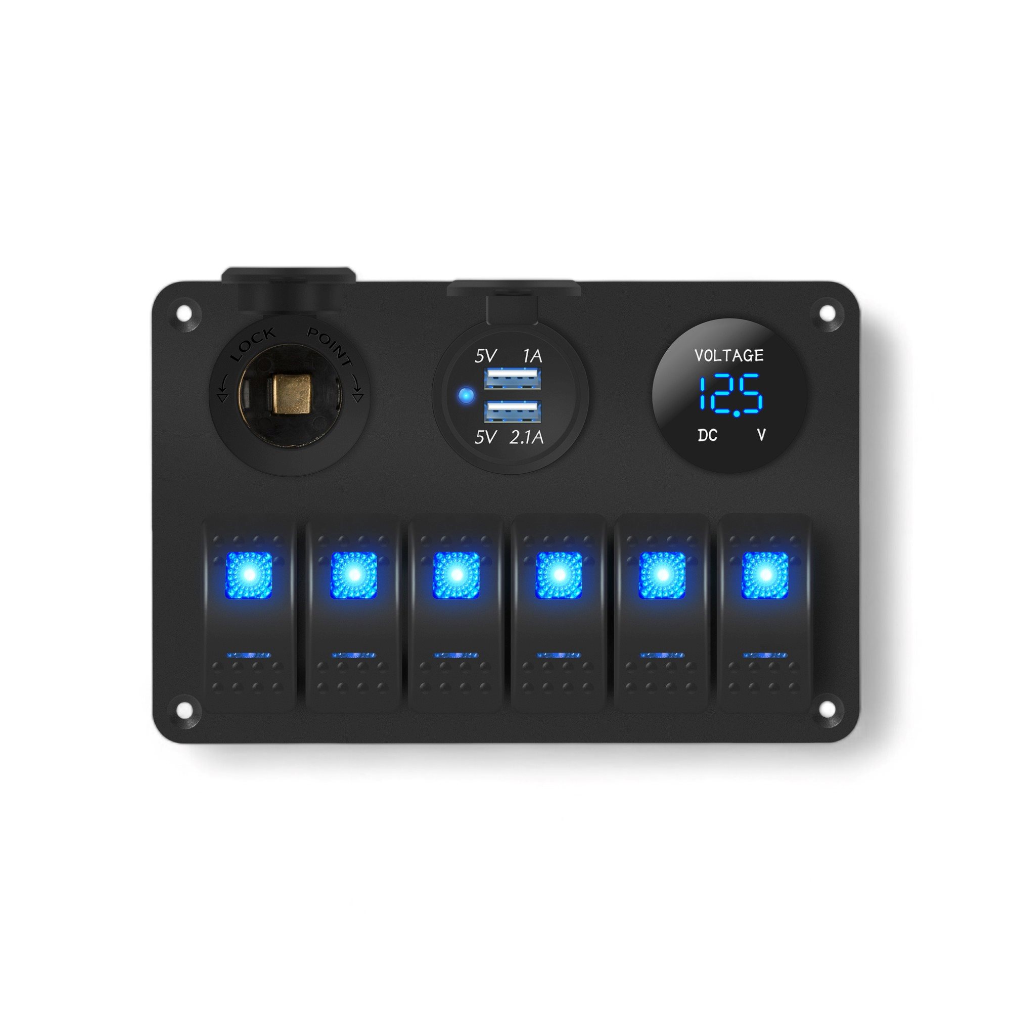 BEDIENINGSPANEEL 6-POSITIES | ALUMINIUM LED-TUIMELSCHAKELAARPANEEL  12V | USB-LADER EN VOLTMETER