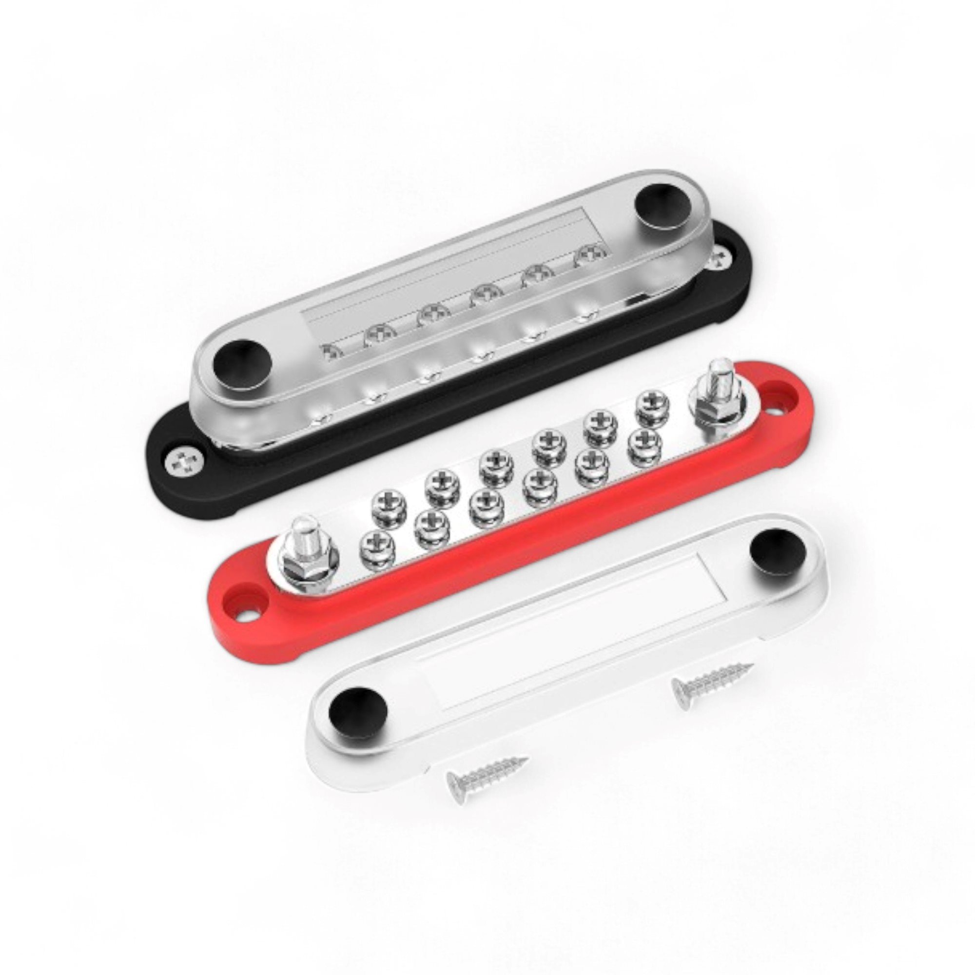 POWER DISTRIBUTIEBLOK 2X M6 + 12X SCHROEF + AFDEKKAP ROOD 12V-48V 150A
