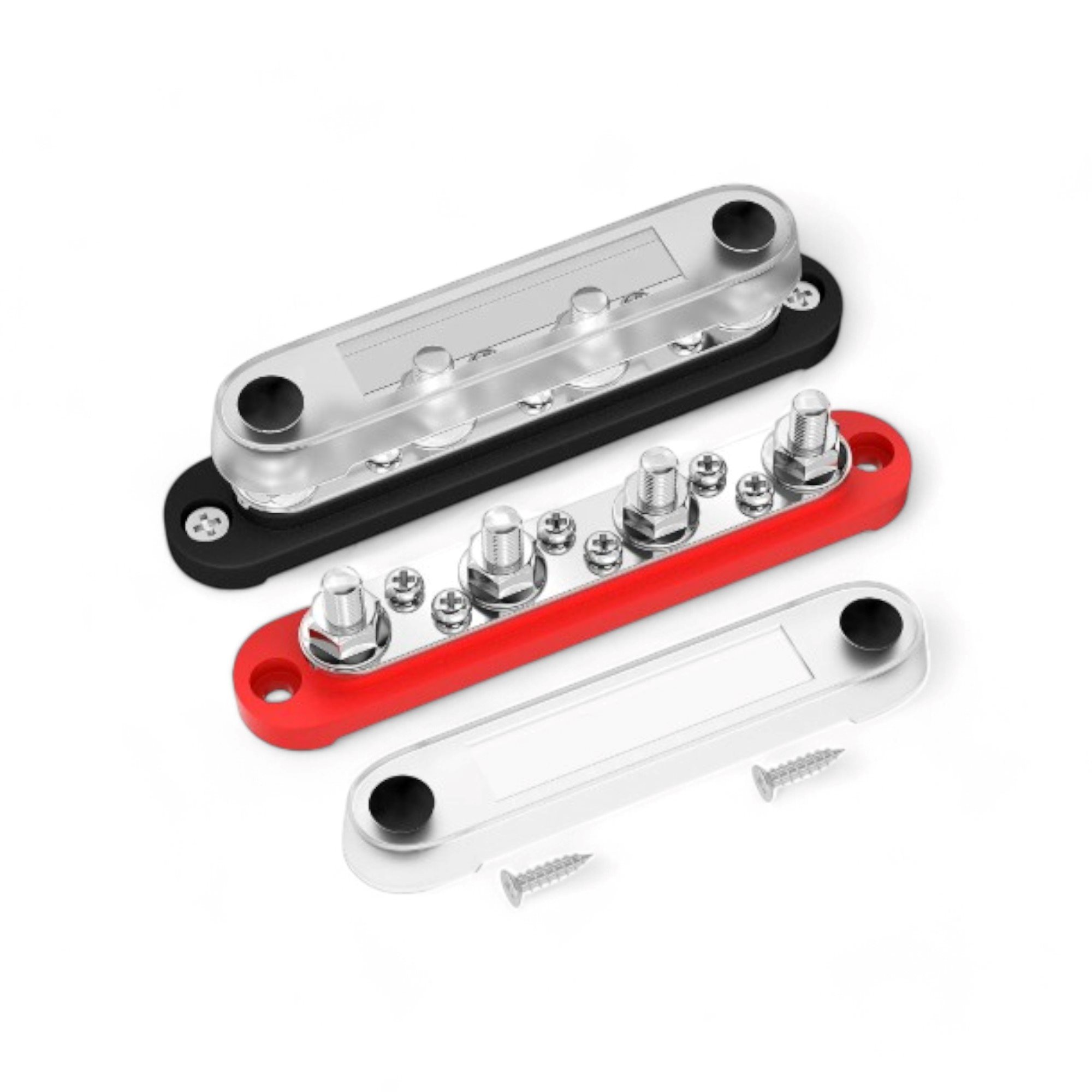 POWER DISTRIBUTIEBLOK 4X M6 + 12X SCHROEF + AFDEKKAP ROOD 12V-48V 150A